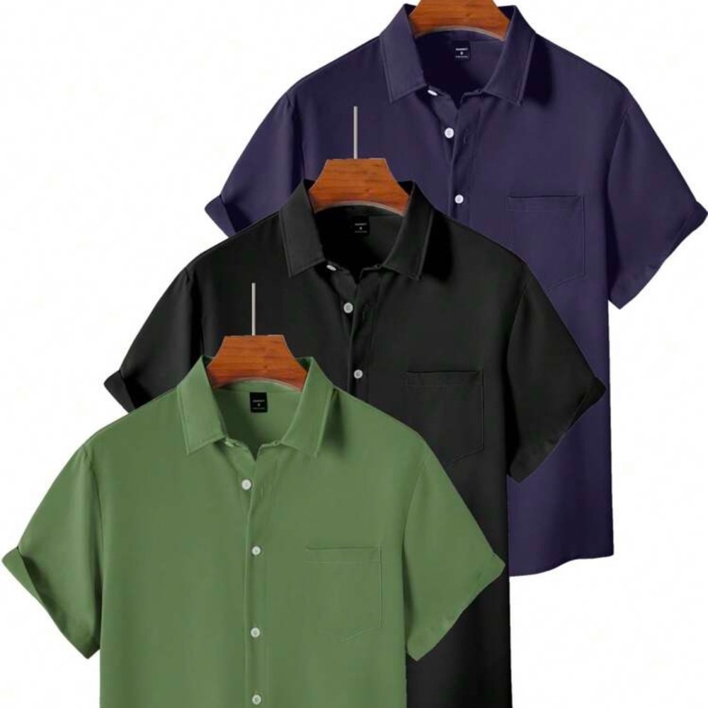 Manfinity 3pcs/Set Men's Casual Plain Collar Shirt Short Sleeve Pocket S…
